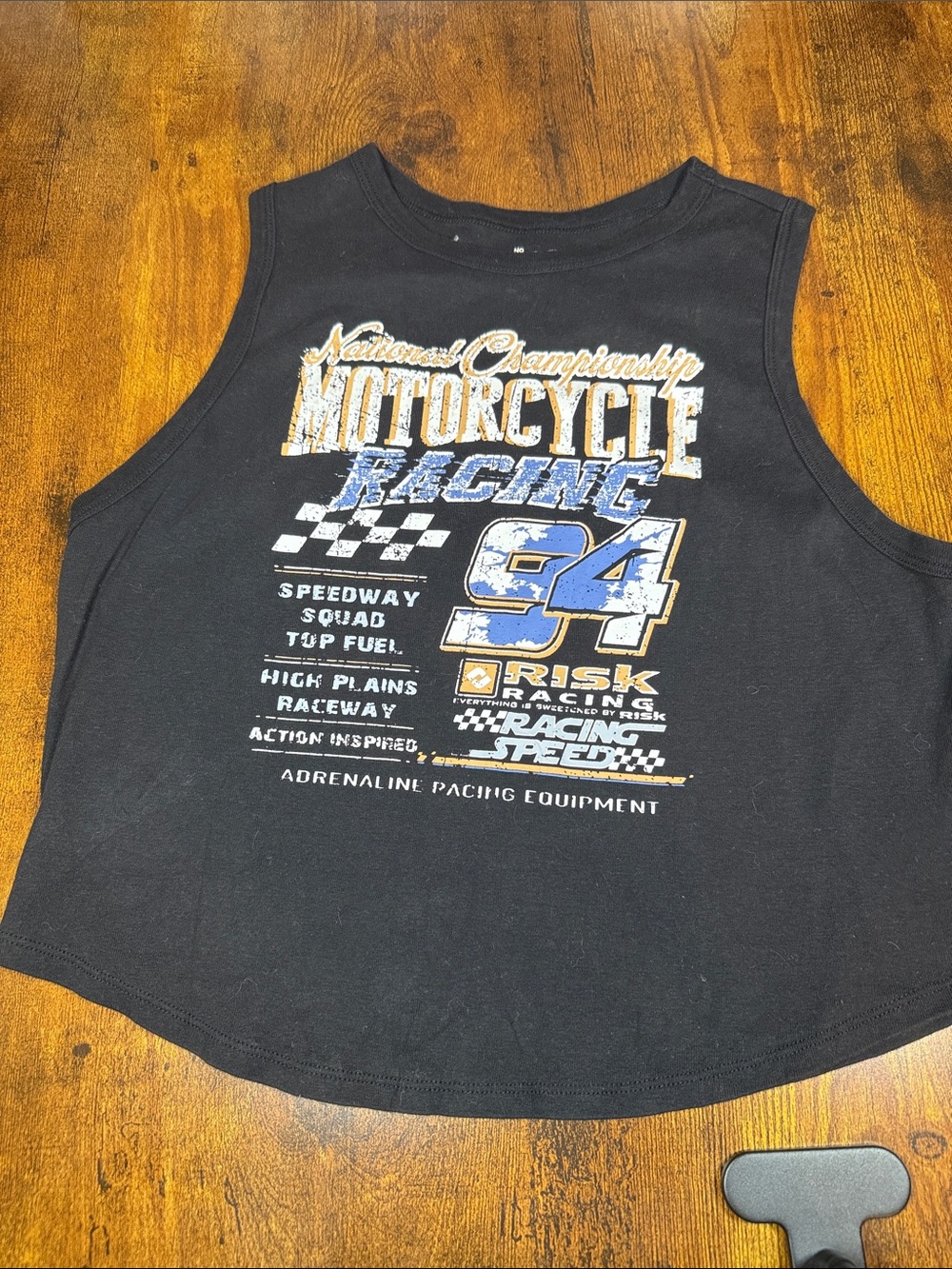 No Boundaries Black Motorcycle Racing Graphic Tank Top with Blue & Gold Accents
